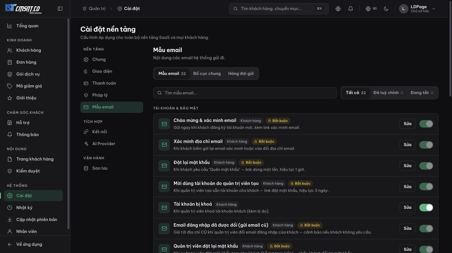 Danh sách mẫu email trong Cài đặt nền tảng