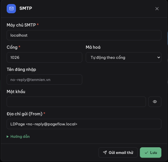 Hộp thoại cấu hình SMTP