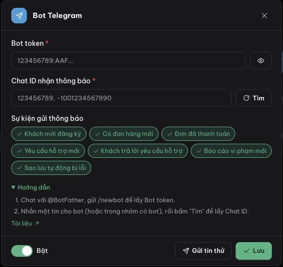 Hộp thoại cấu hình Bot Telegram