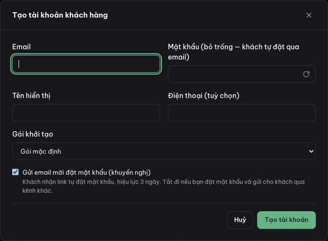 Hộp thoại Tạo tài khoản khách hàng với các ô Email, Mật khẩu, Tên hiển thị, Điện thoại, Gói khởi tạo và ô tích gửi email mời.
