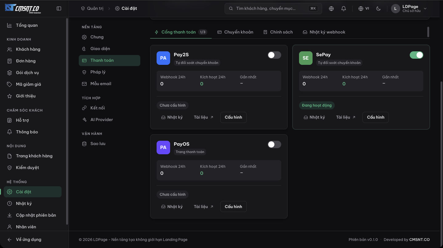 Ba thẻ cổng Pay2S, SePay và PayOS với số liệu webhook, nhãn trạng thái và các nút Nhật ký, Tài liệu, Cấu hình.