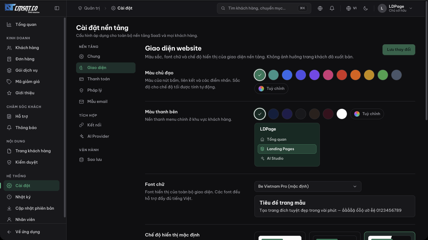 Tab Giao diện website với bảng màu và font chữ
