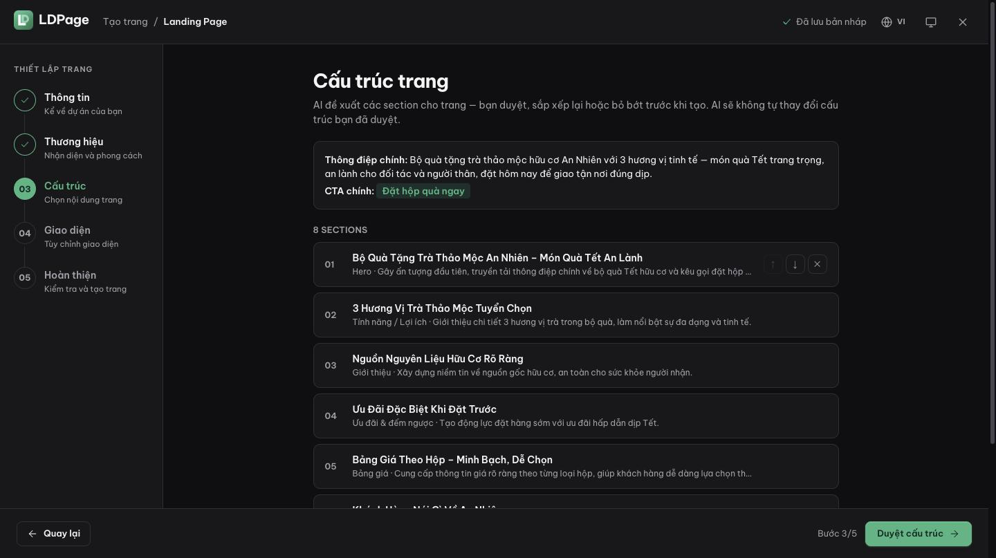 Bước 3 Cấu trúc trang với 8 section AI đề xuất