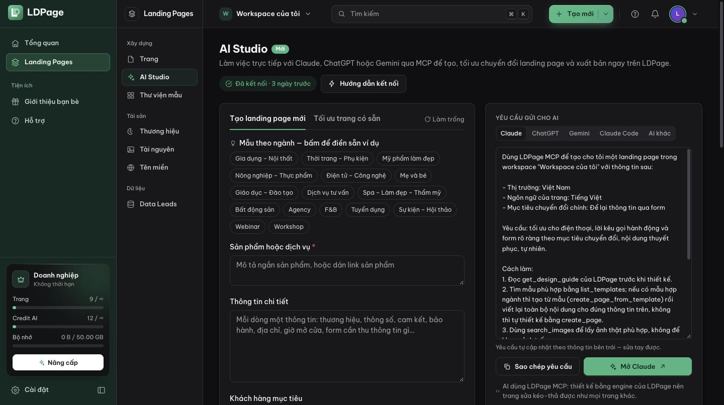 Màn hình AI Studio đã kết nối, tab Tạo landing page mới