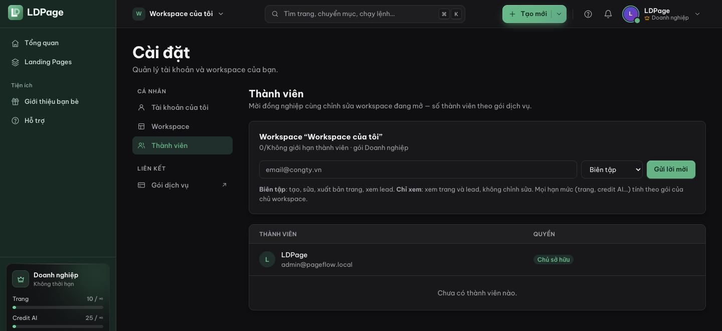 Tab Thành viên với ô email, chọn quyền và nút Gửi lời mời