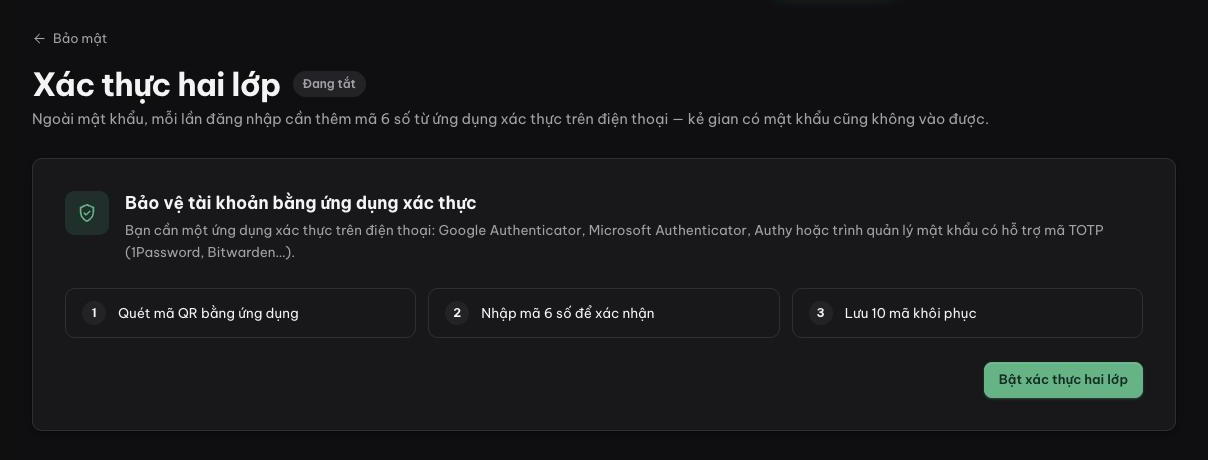 Trang Xác thực hai lớp đang tắt với ba bước thiết lập