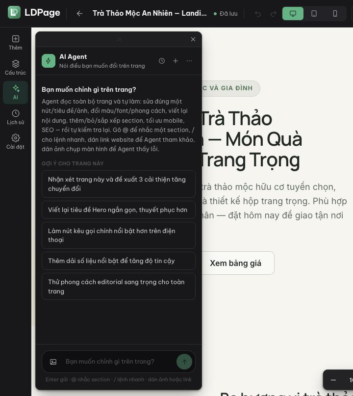 Khung chat AI Agent với các gợi ý cho trang
