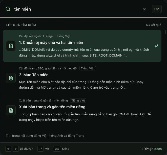 Hộp tìm kiếm tài liệu với từ khóa tên miền trên giao diện tiếng Việt