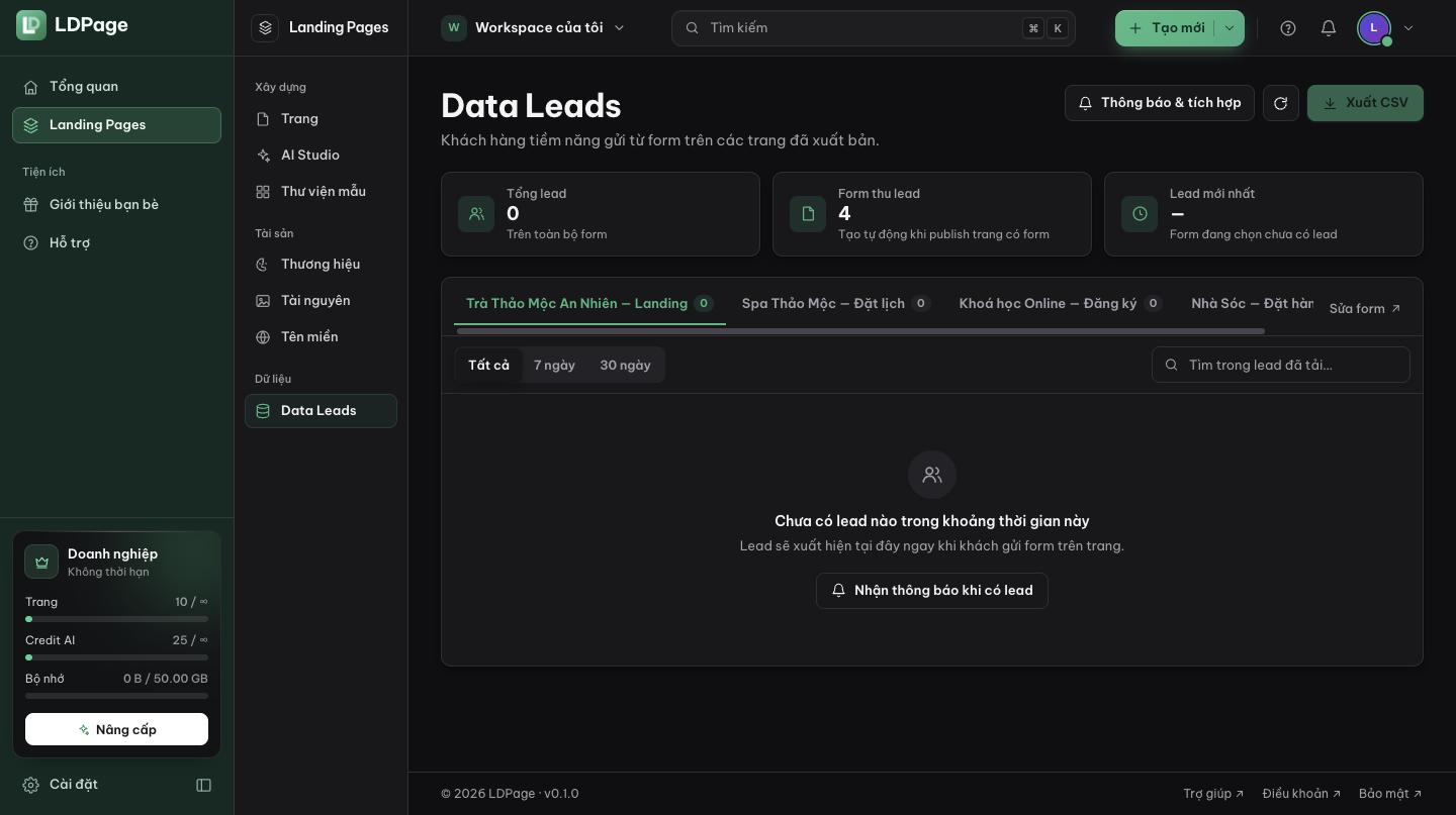 Trang Data Leads với form của trang mẫu chưa có lead