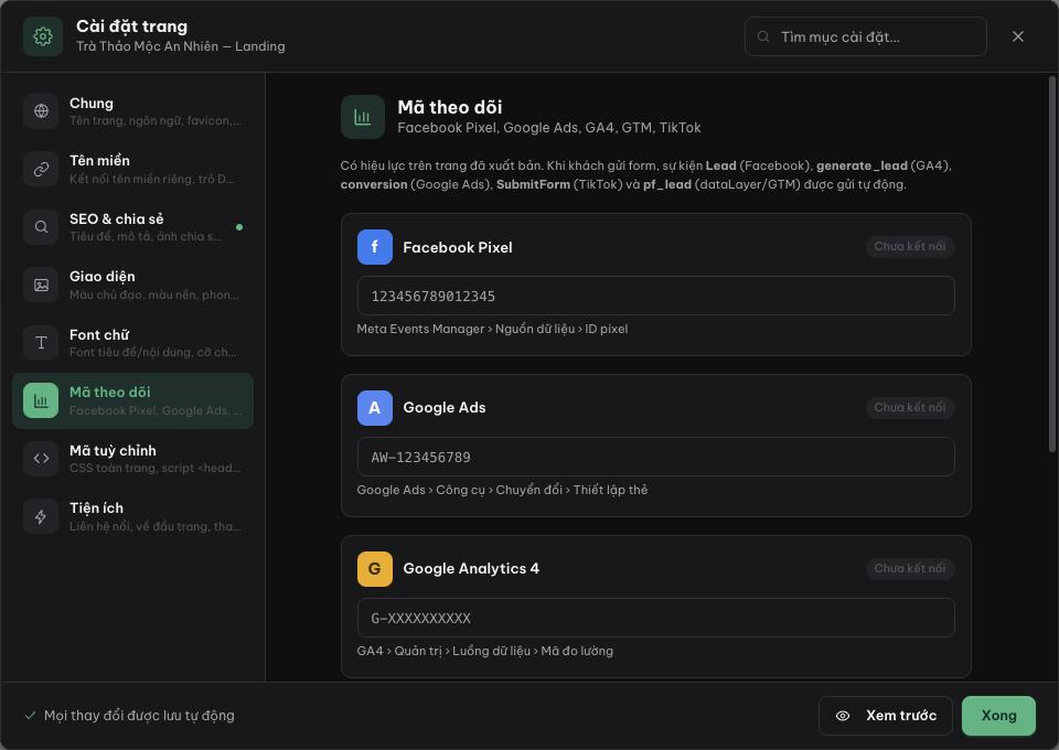 Mục Mã theo dõi với các thẻ Facebook Pixel, Google Ads, GA4