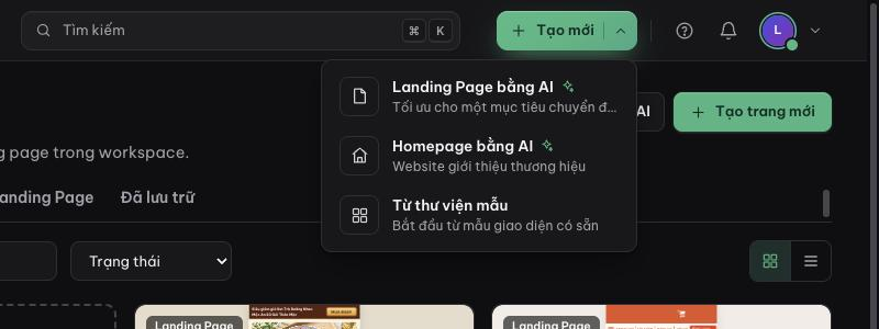 Menu Tạo mới với ba lựa chọn
