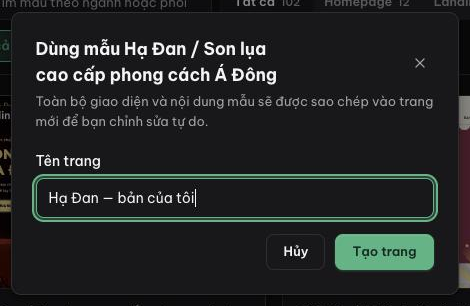 Hộp thoại Dùng mẫu với ô Tên trang điền sẵn